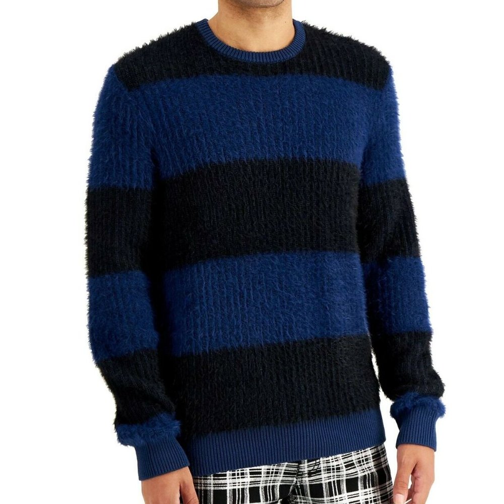INC International Concepts Men's Timeless Navy Fuzzy Striped Sweater Large